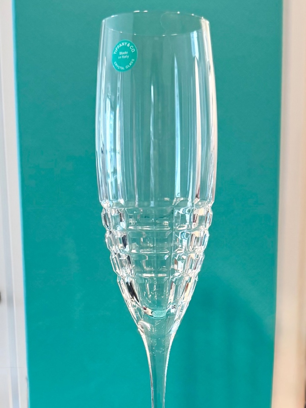 Tiffany & Co. Plaid Crystal Champagne Flutes Set of 2 NEW w/ Boxes, Discontinued